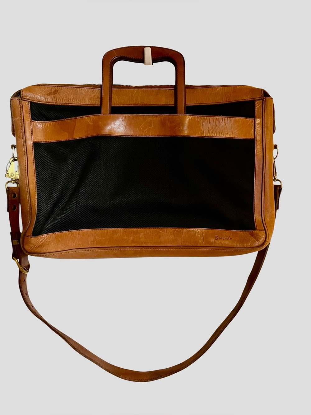 Vintage Bravado Leather Canvas Messenger Crossbody Satchel Bag Brass 17x12 - Picture 3 of 11